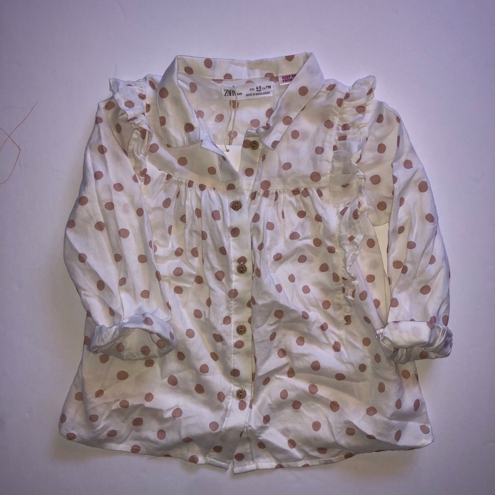 ZARA Ruffle Pink Polka Dot Long Sleeve Shirt
